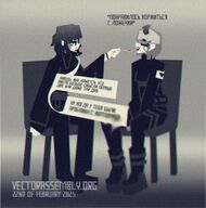 artist:vectorassembly black_hair character:unknown_character combat_boots duo faceplate_vents feeding female horns jeans loafers male necklace original_character oversize_clothing pale_skin russian setting:unknown_setting species:android species:human turtleneck white_hair white_skin // 900x911 // 195KB
